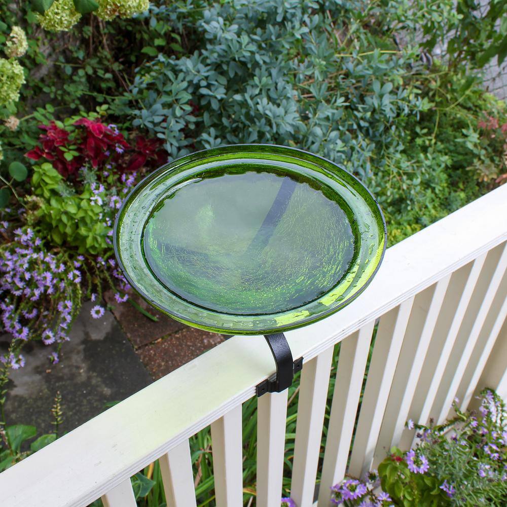 ACHLA DESIGNS 12.5 in. Dia Round Fern Green Crackle Glass Birdbath w/Black Wrought Iron Over Rail Bracket CGB-05FG-OR2