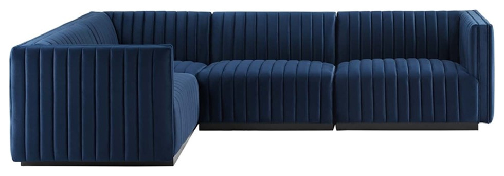 Modway Conjure 4 Piece Performance Velvet Sectional in Black/Midnight Blue   Contemporary   Sectional Sofas   by Homesquare  Houzz