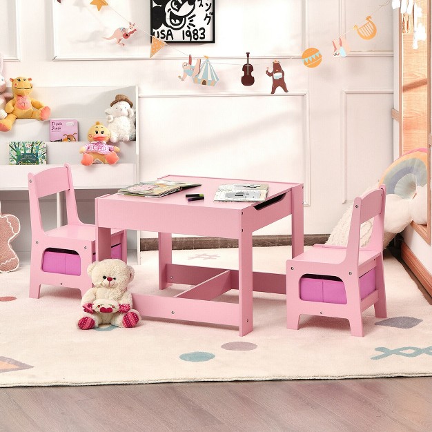 Costway 3 In 1 Kids Wood Table Chairs Set W Storage Box Blackboard Drawing Pink