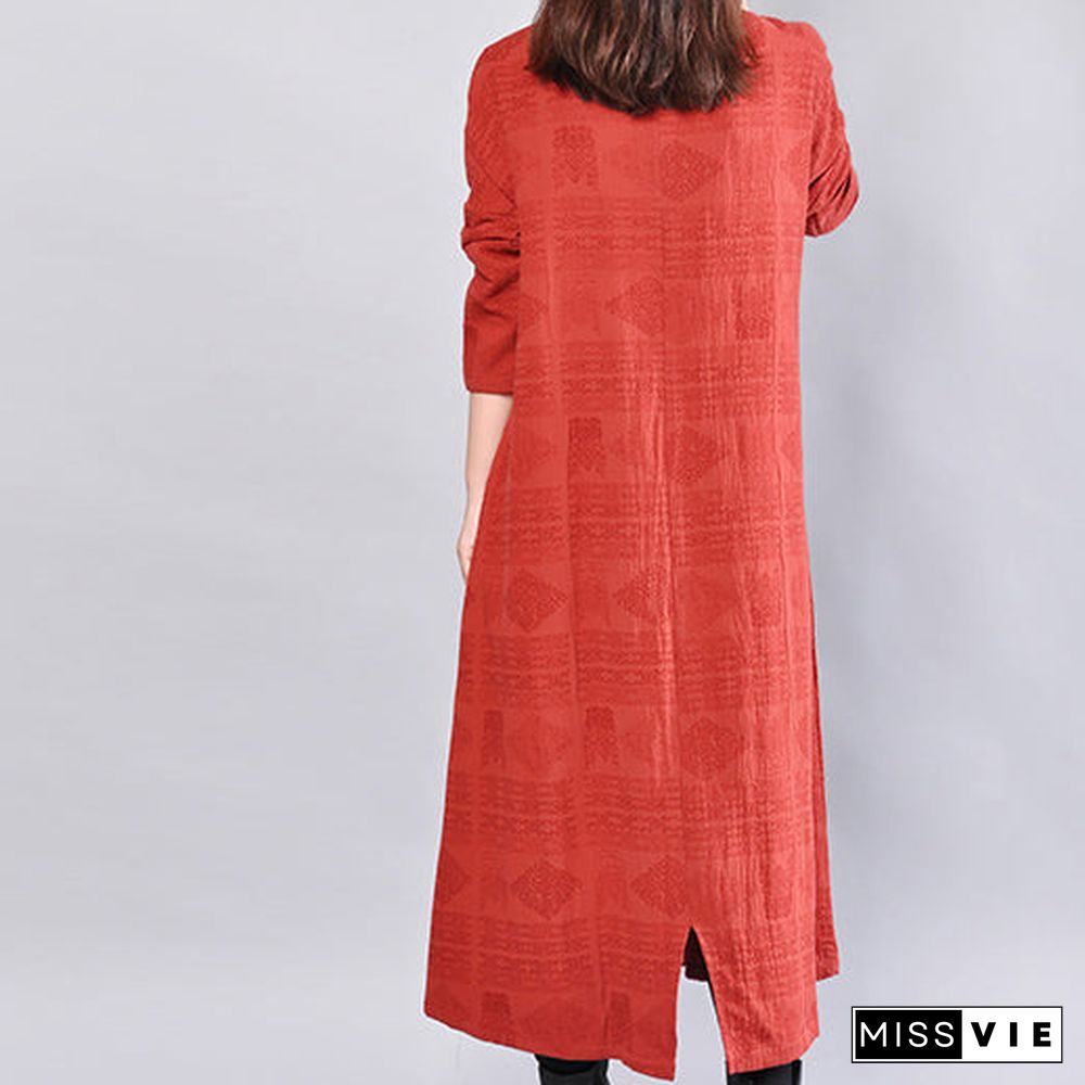 fashion burgundy Midi-length linen dress oversize linen clothing dresses Elegant back side open v neck linen clothing dress