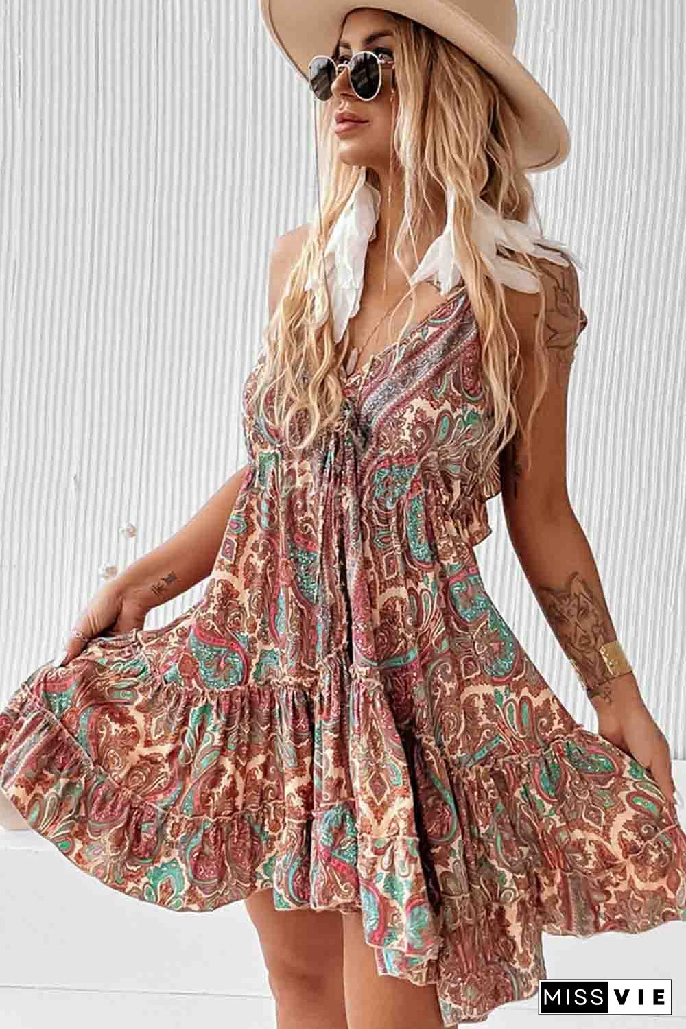 Brown Paisley Print Sleeveless V-Neck Tassel Tie Ruffle Dress