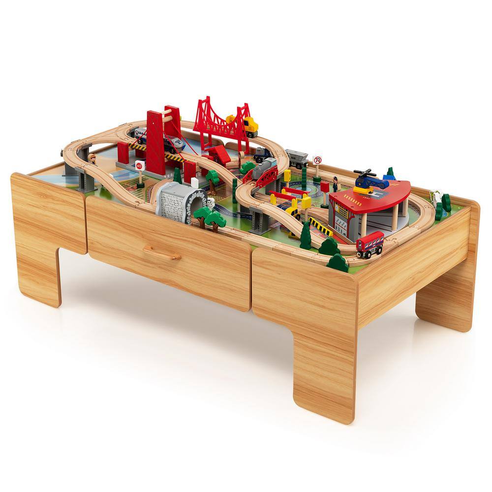 Costway Kids Wooden Train Set and Double-Sided Table Playset with 100-Pieces and Storage Drawer TM10008