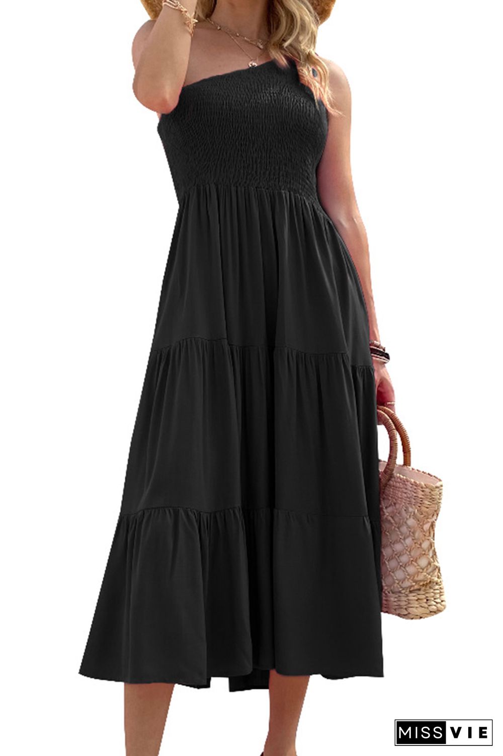 Boho Solid Color One Shoulder Sleeveless Maxi Dress Wholesale