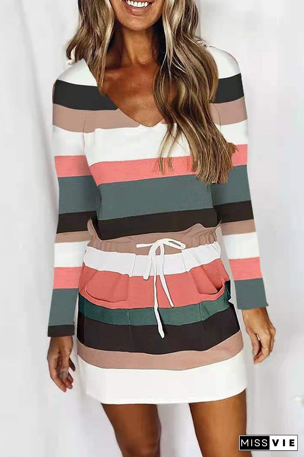 Colorful Stripe Drawstring V-neck Long Sleeve Dress Women Wholesale