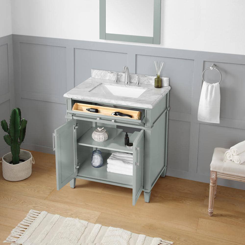 Home Decorators Collection Caville 30 in W x 22 in D x 345 in H Bath Vanity in Sage Green with Carrara Marble Top