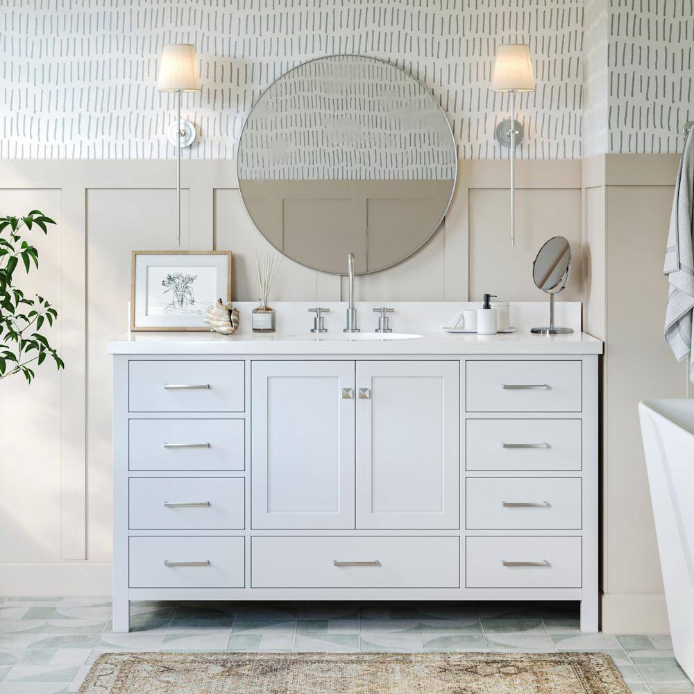 ARIEL Cambridge 61 in. W x 22 in. D x 35 in. H Vanity in White with Quartz Vanity Top in White with Basin A061SWQOVOWHT