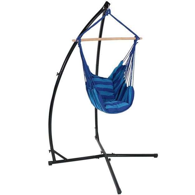 Sunnydaze Double Cushion Hanging Rope Hammock Chair Swing With X stand For Backyard Or Patio 250 Lb Weight Capacity