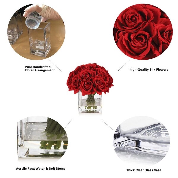 Enova Home Artificial Silk Rose Flowers in Cube Glass Vase with Faux Water for Home Office Decoration