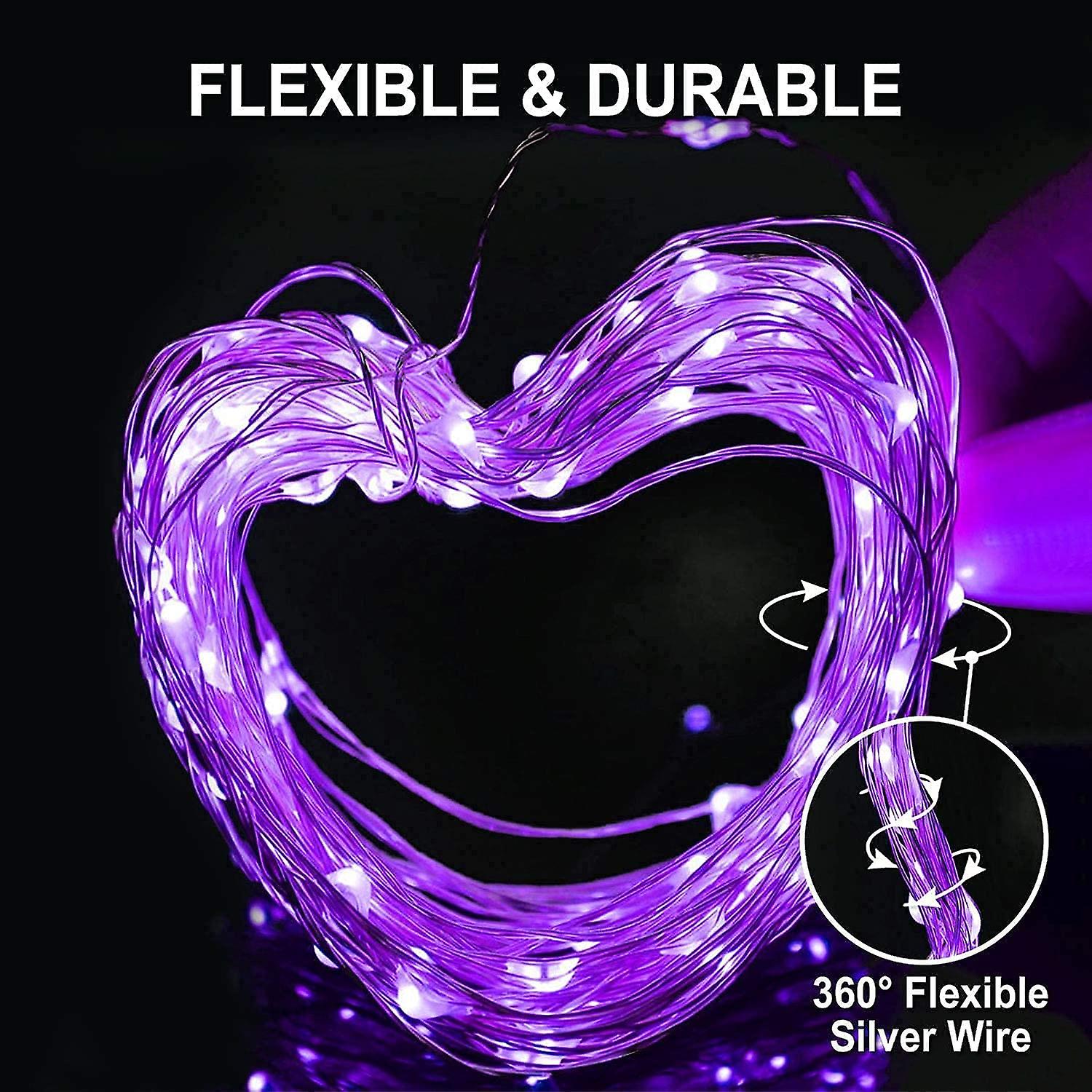 Solar Fairy Lights Set Of 2 Purple Halloween Solar Lights， Waterproof， 20m Each， 200 Leds， 8 Modes Copper Wire Lights For Halloween Decoration