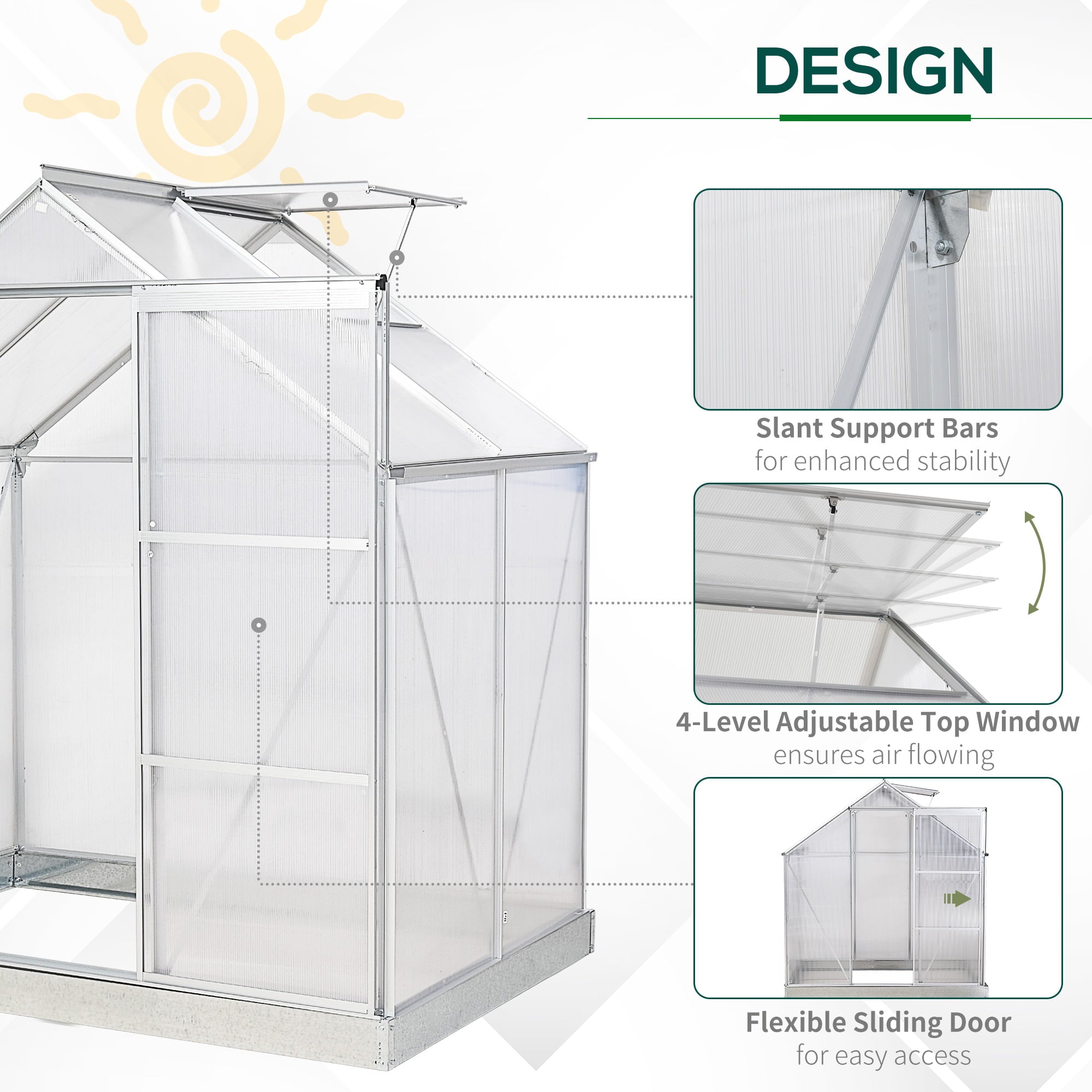 Outsunny 6' x 4' Polycarbonate Greenhouse with Aluminum Frame, Walk-in Garden Greenhouse Kit with Adjustable Roof Vent, Rain Gutter and Sliding Door for Backyard, Silver