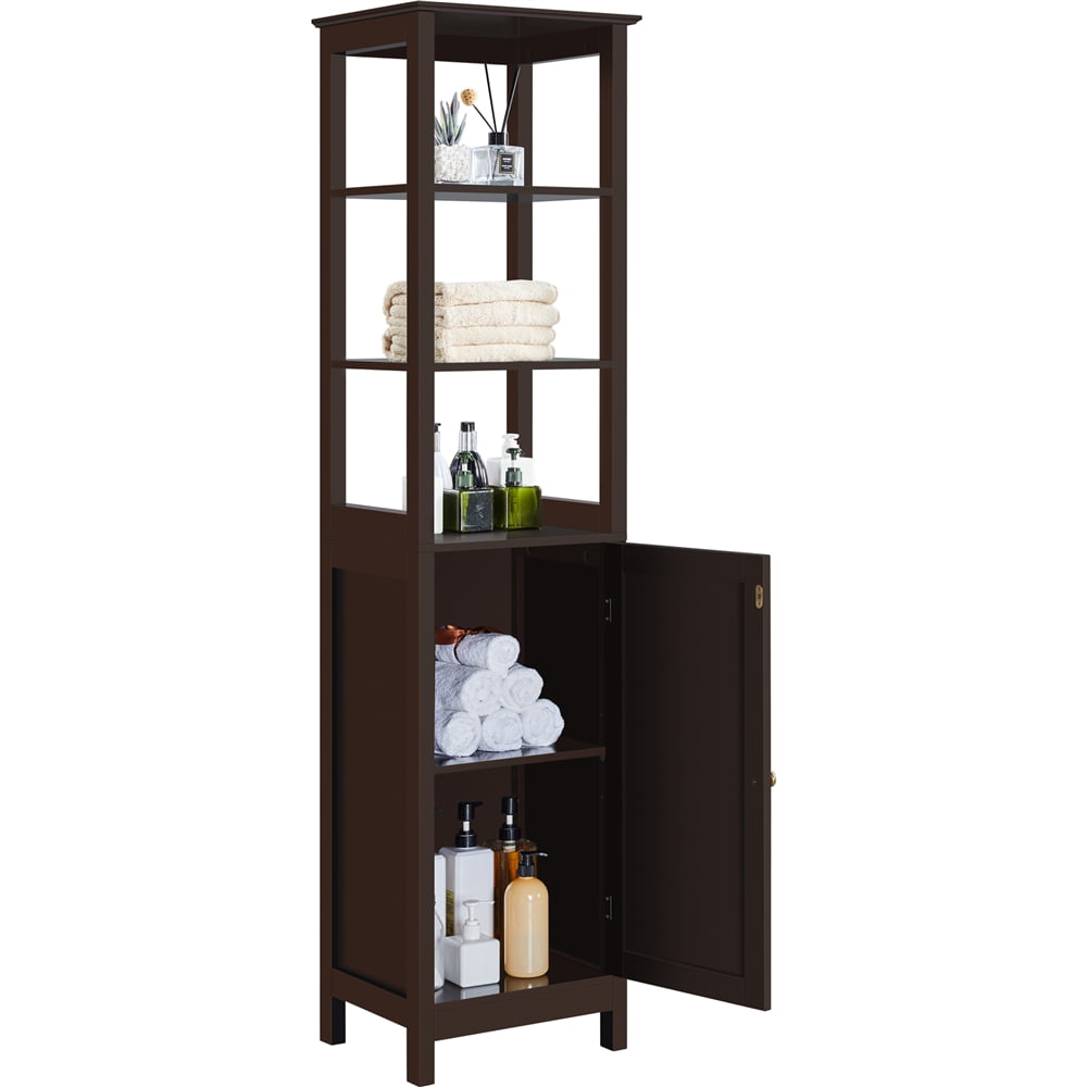 SMILE MART Wood Tower Cabinet with 3 Open Shelves and 1 Adjustable Shelf, Espresso