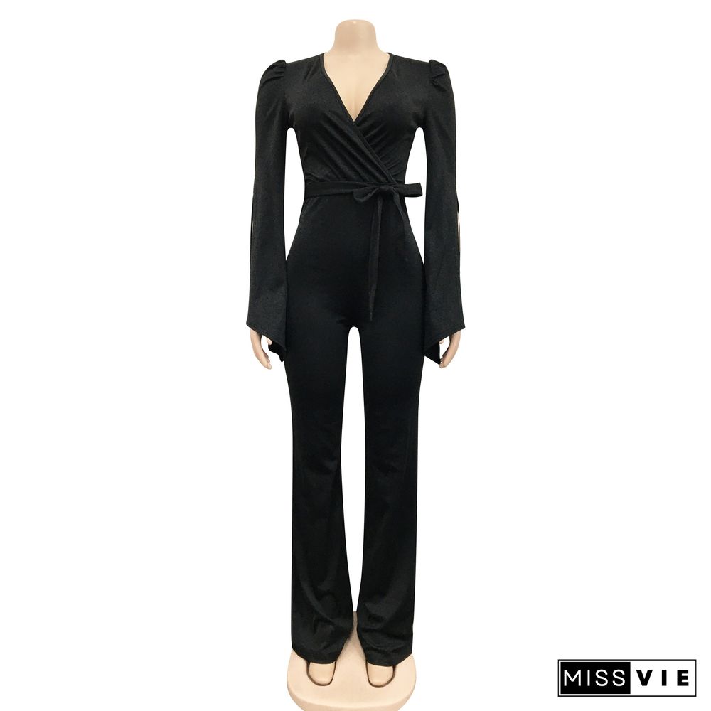 Solid Color Sexy Deep V Tie Wrinkled Wide-sleeved Trousers Jumpsuit