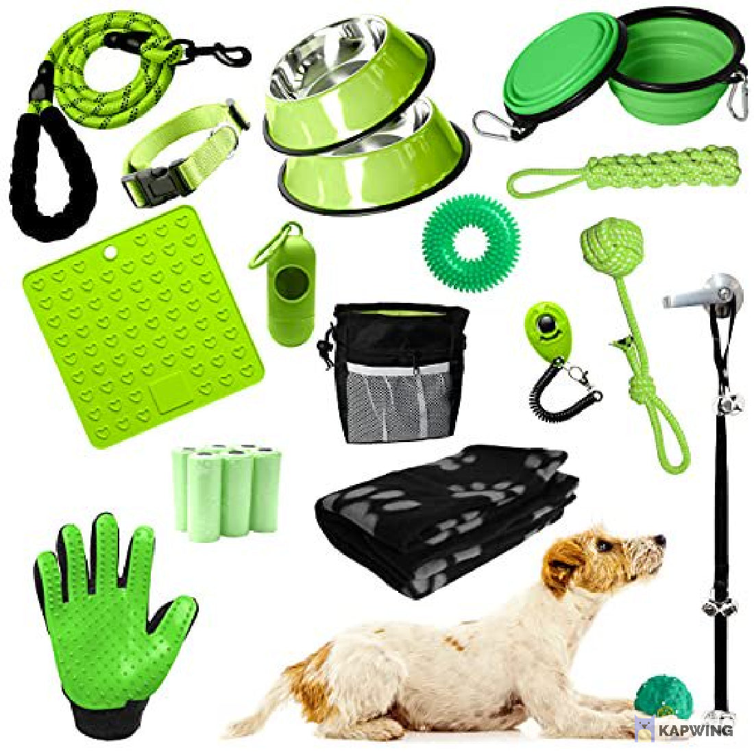 SETONWARE Puppy Starter Kit， Dog Toys， Dog Bed Blankets， Puppy Dog Grooming Tool， Training， Toys， Training Bells Dog Leashes Accessories for Dogs Gift for New Puppies Green 23 Pieces