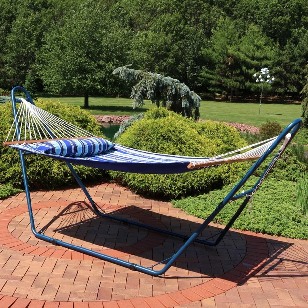 Sunnydaze Outdoor 2 person Double Polyester Quilted Hammock With Wood Spreader Bar And Matte Blue Steel Multi use Stand Catalina Beach