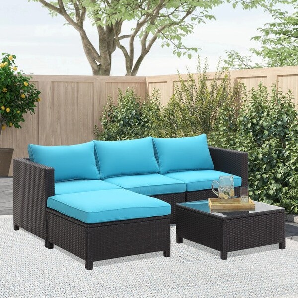 Zenova 5 or 6 pcs Multi-piece Outdoor Cushioned Rattan Wicker Sectional Sofa Set with Pillows - Overstock - 35628353