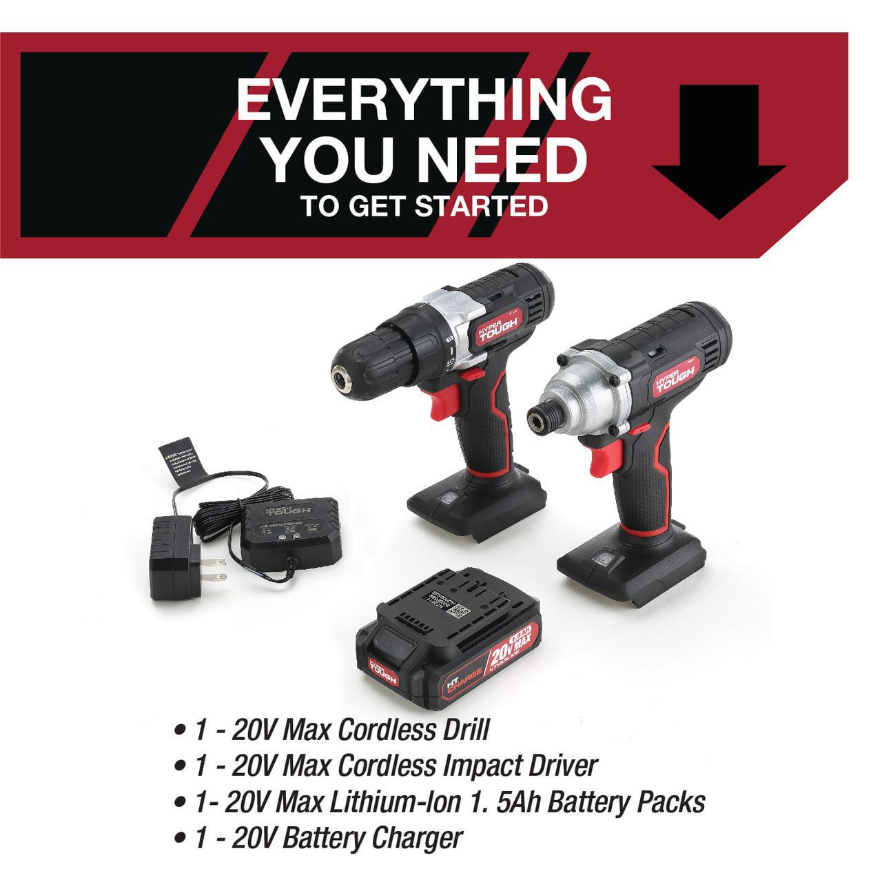 Hyper Tough 20V Max (2-Tool Set) 3/8 inch Cordless Drill and 1/4 inch Impact Driver Combo Kit with 1.5Ah Lithium-ion Battery， Charger， Bit Holders and LED Lights