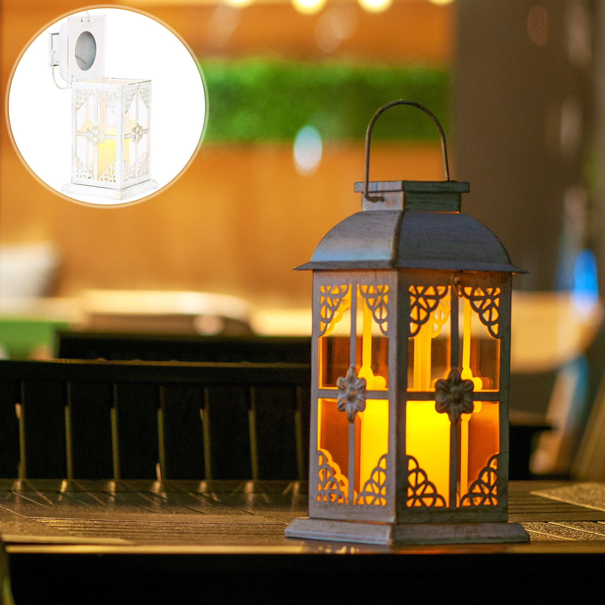 Solar Lantern Outdoor Hyacinth White Decor Antique Metal and Glass Construction Mission Solar Garden Lantern Indoor and Outdoor Solar Hanging Lantern Entirely Solar Powered Lantern of Low Maintenance