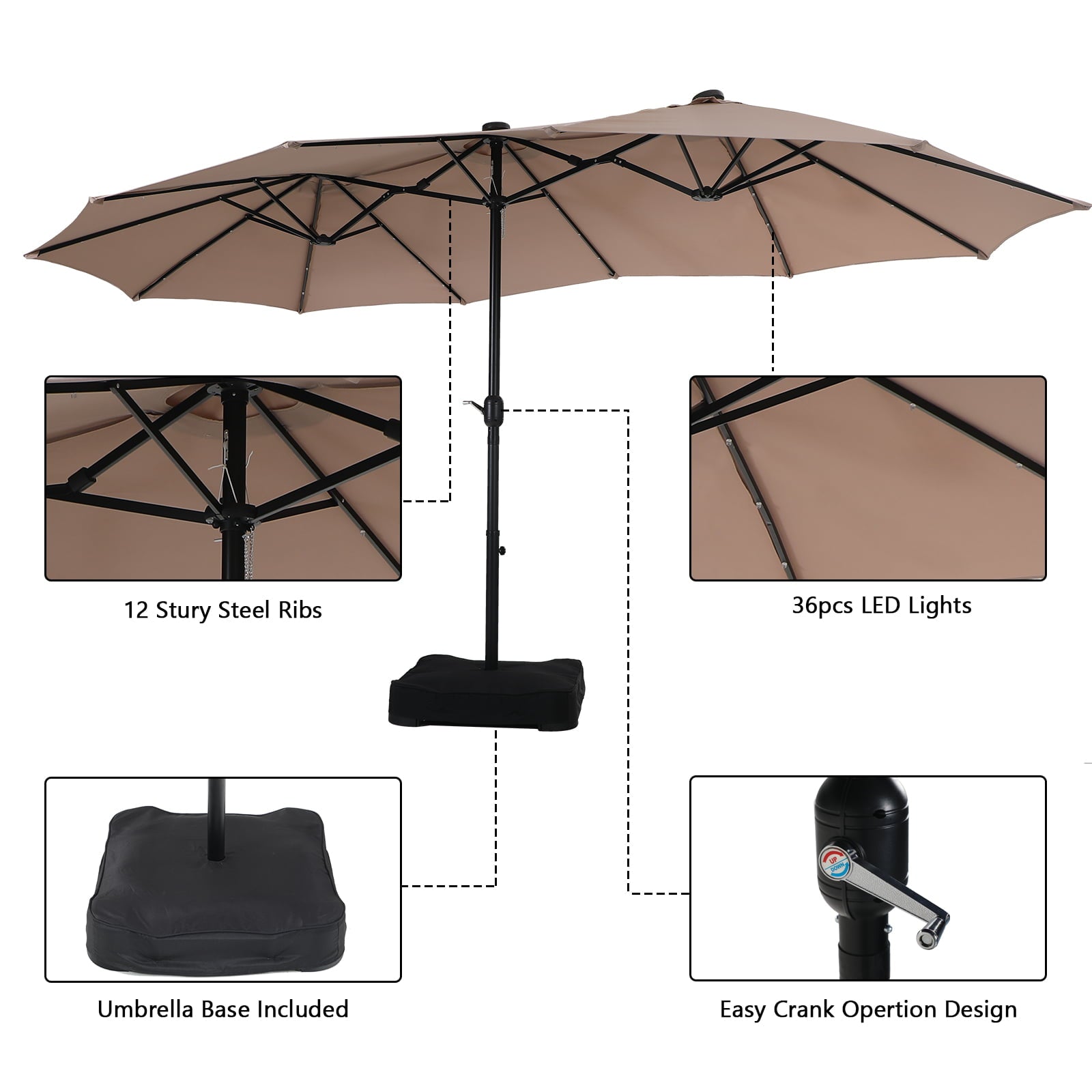 MF Studio 15ft Double-Sided Solar Patio Umbrella with Base Large Outdoor Table Umbrella with Crank Handle and 36 pcs LED lights, Beige