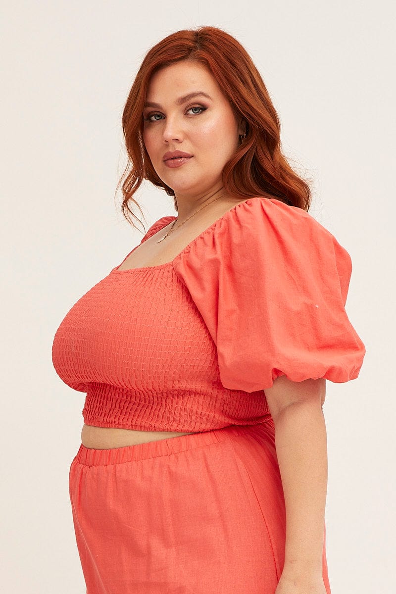 Orange Orange Linen Blend Shirred Semi Crop Top