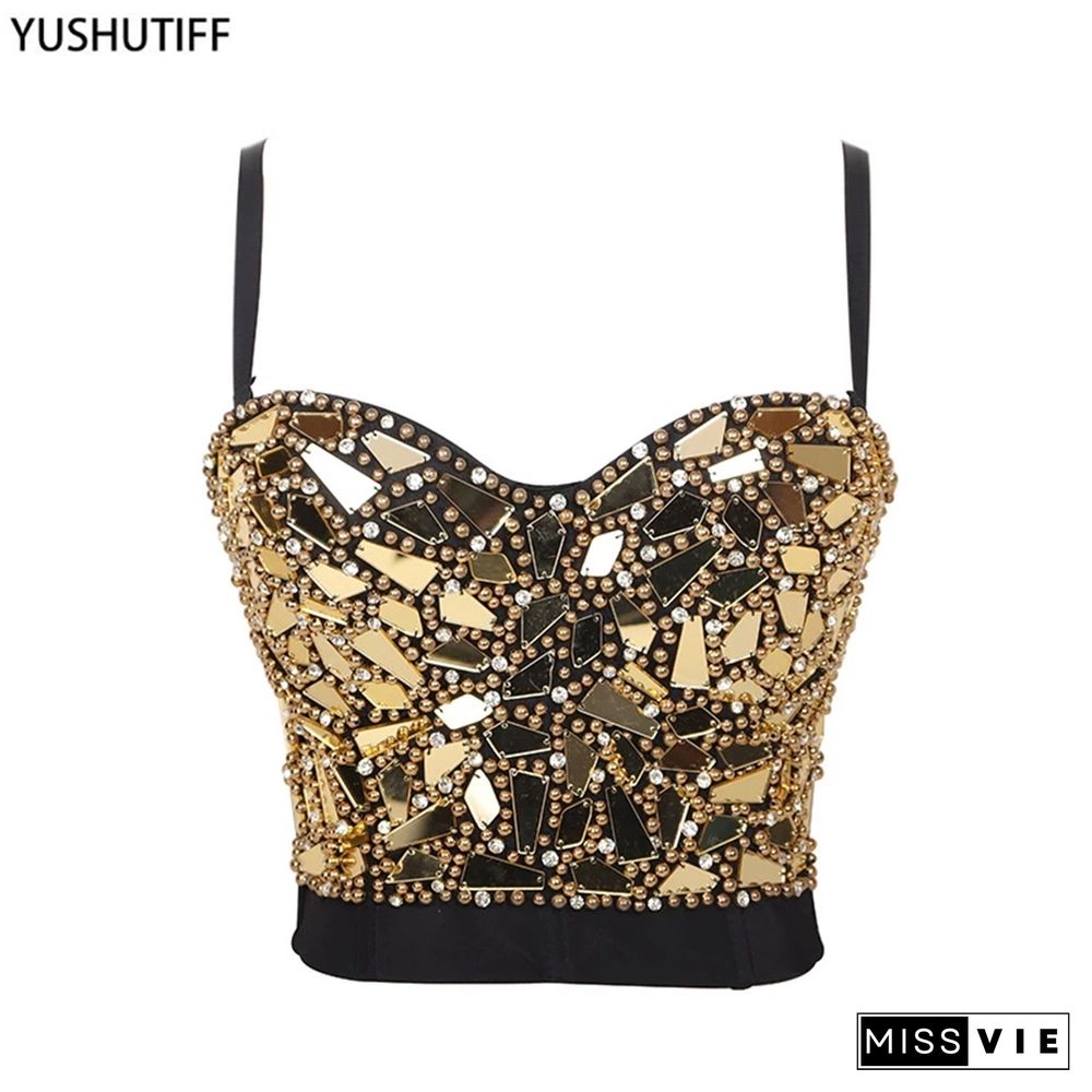 Sexy Beaded Diamond Sequins Women Camis Cropped Top Night Club Party Corset Crop Top To Wear Out Push Up Bustier Bra Db905