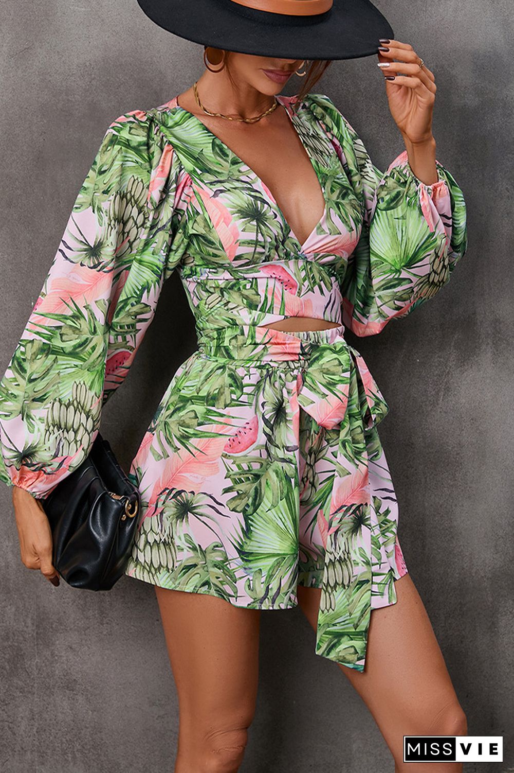 Printed V Neck Bubble Sleeves Hollow Out Waist Romper