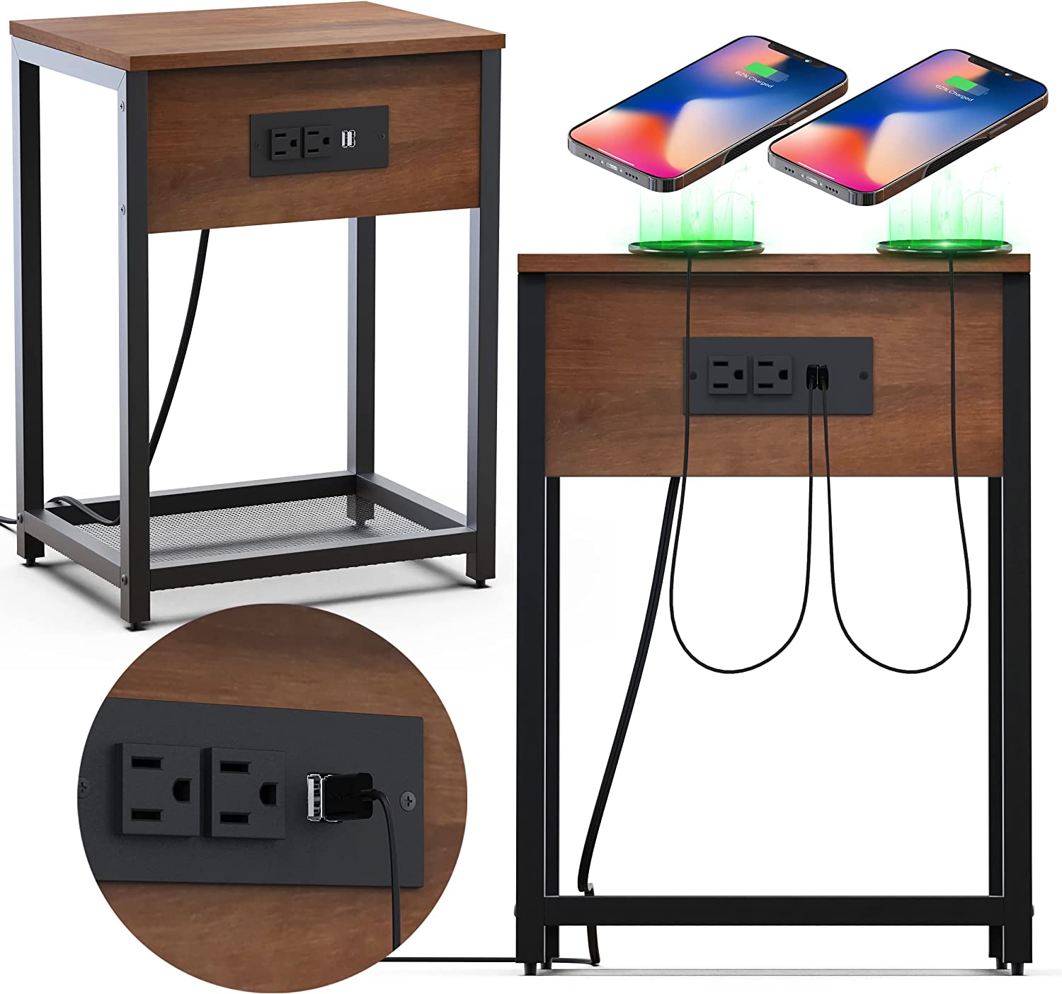 YELROL End Table with Charging Station - Set of 2 Nightstands with USB Ports and Outlets  2 x 10W Wireless Charger Pads  Storage Bedside Table for Living Room  Bedroom Nightstand  Side Ta