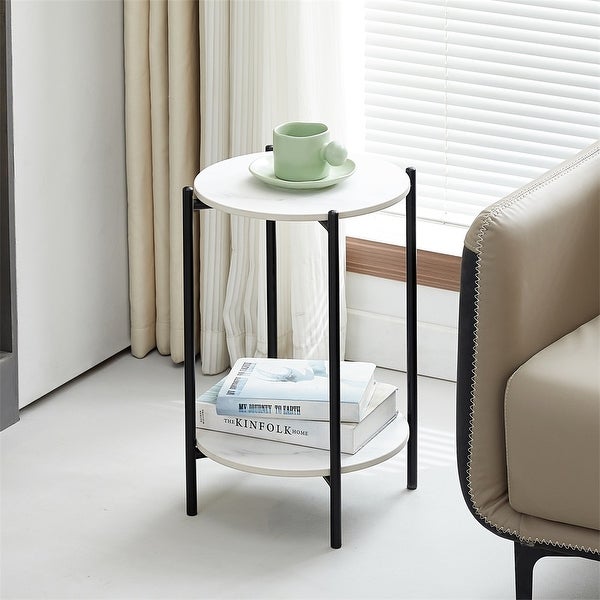 2-Tiers End Table with Marble Tabletop and Metal Frame