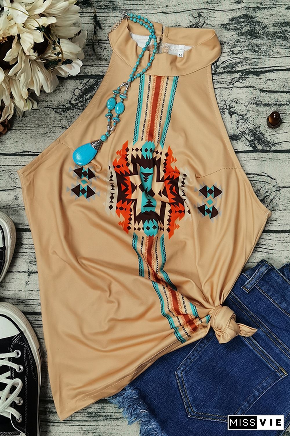 Khaki Aztec Print O-neck Tank Top