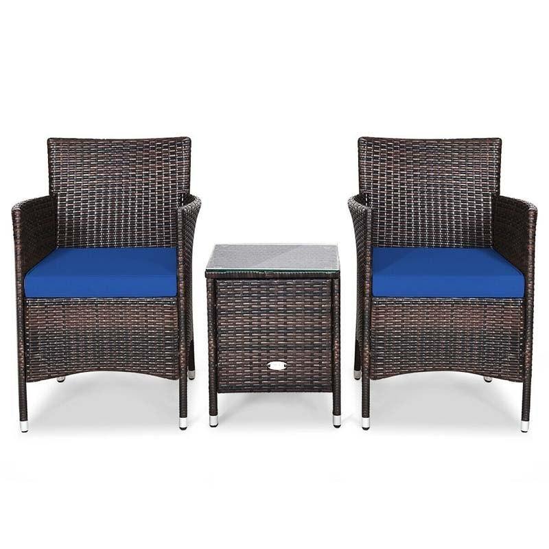 3 Pcs Rattan Patio Conversation Set Wicker Outdoor Furniture Set with Coffee Table & 2 Cushioned Sofa