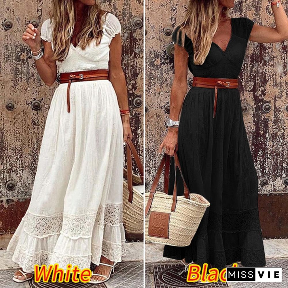 Fashion Women Casual Dress Short Sleeve V Neck Solid Color Cotton Maxi Dress Lace Patchwork Holiday Beach Sundress Plus Size