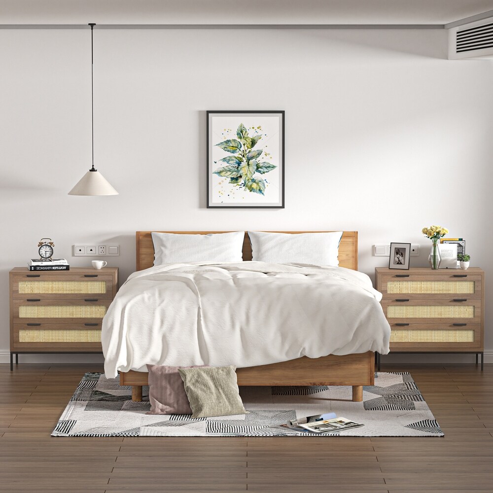 Bedroom Nightstand Dresser 3 Drawer Rattan Chest of Drawers Storage Cabinet 31.5\
