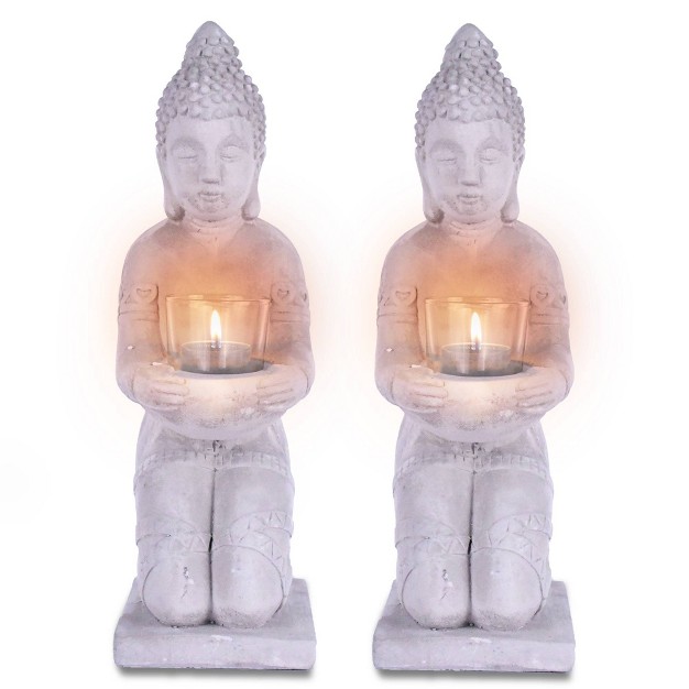 Set Of 2 Kante Composite Buddha Statues Tealight Candle Holders Dark Gray Rosemead Home amp Garden Inc