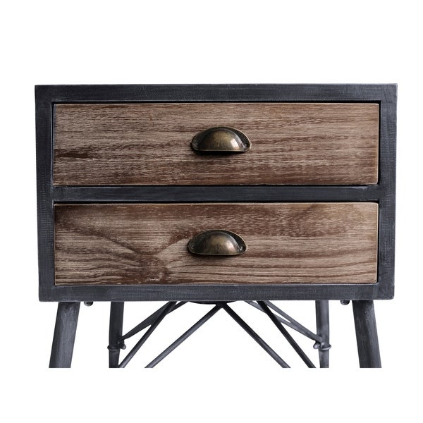 Armen Living Mathis Industrial 2-Drawer End Table in Industrial Grey and Pine Wood