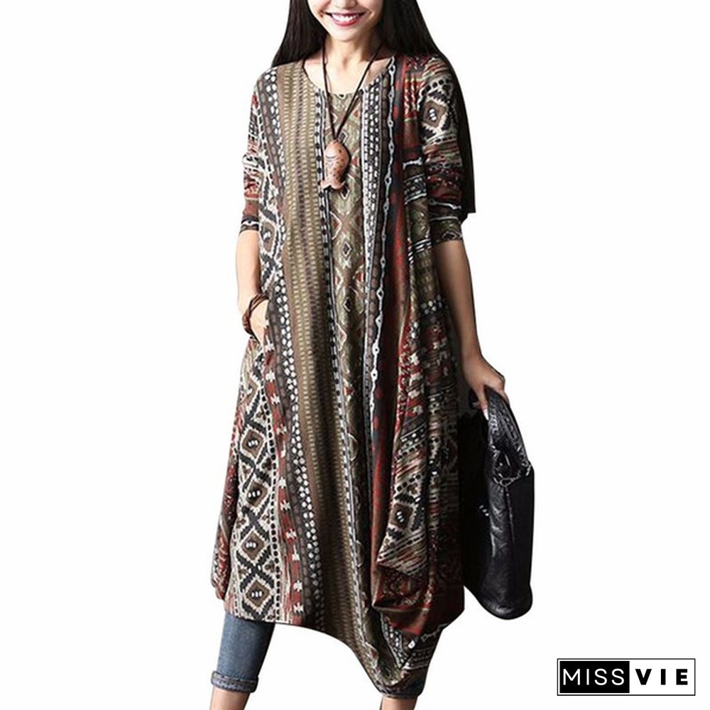 S-5XL Women Boho Floral Casual Baggy Long Sleeve Top Shirt Dress Kaftan