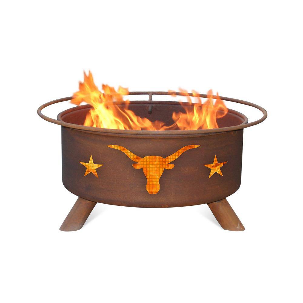 Texas Longhorn 29 in. x 18 in. Round Steel Wood Burning Fire Pit in Rust with Grill Poker Spark Screen and Cover F202