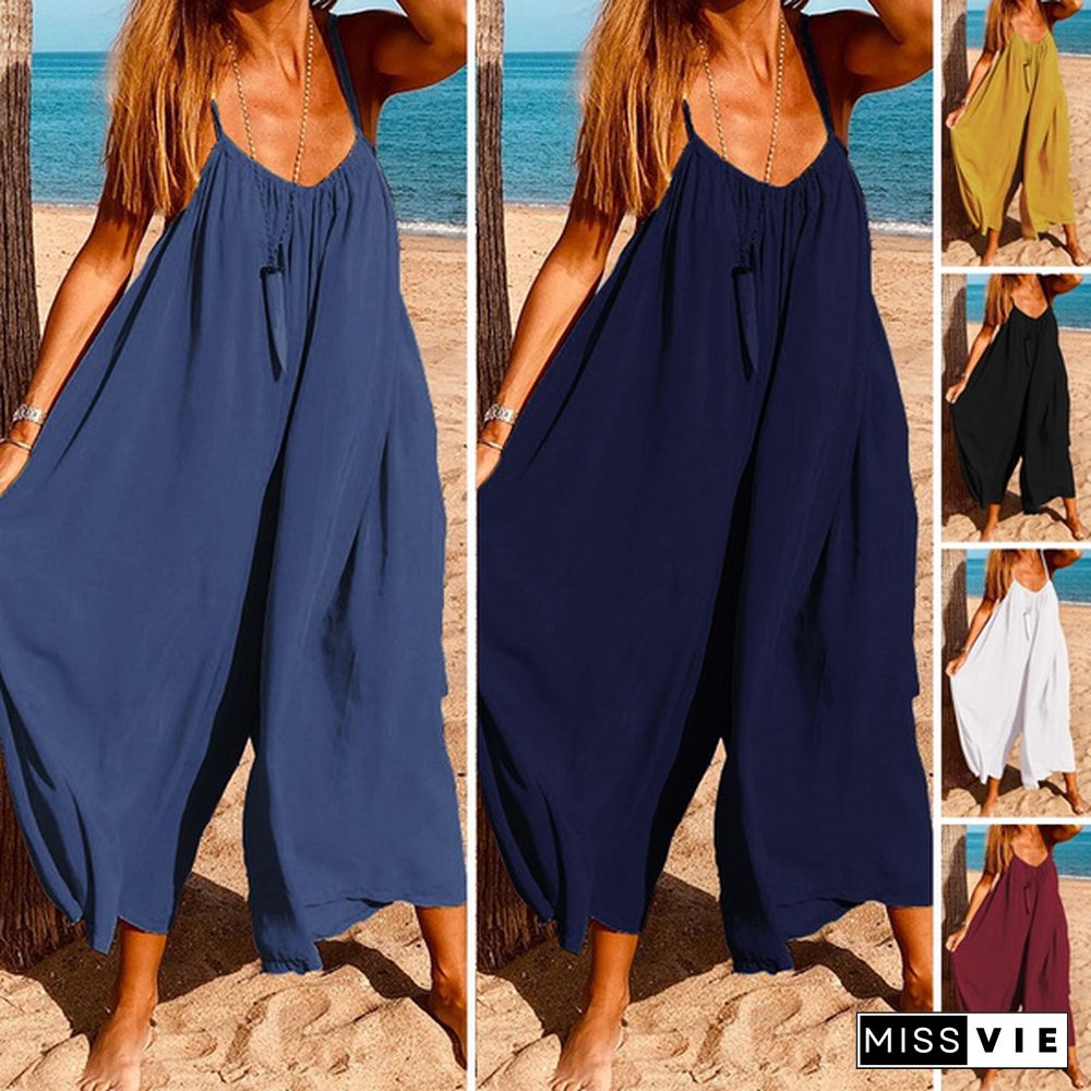 Plus Size Women's Fashion Sleeveless Casual Straps Wide Leg Overalls Jumpsuits