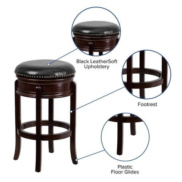 Carol 29'' High Backless Cappuccino Wood Barstool with Carved Apron and Black LeatherSoft Swivel Seat