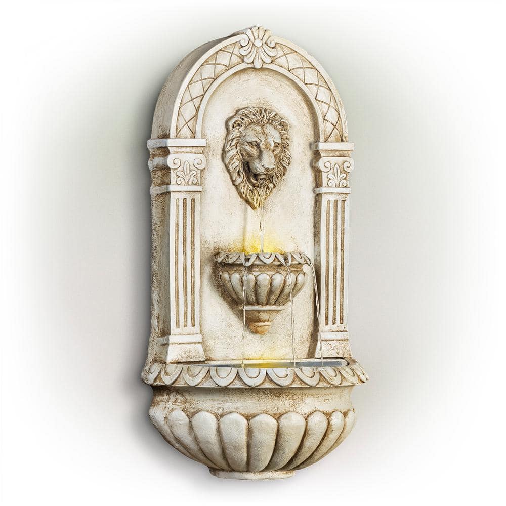 Alpine Corporation 32 in. Tall Outdoor Classical Wall-Mounted Water Fountain with Lion Head and LED Lights TZL160