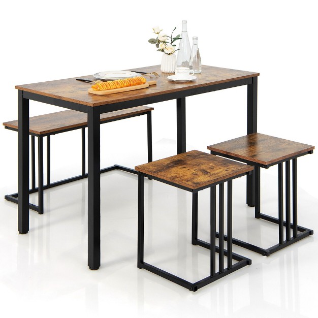 Tangkula 4 piece Dining Table Set Industrial Kitchen Table Set W Bench amp 2 Stools For 4