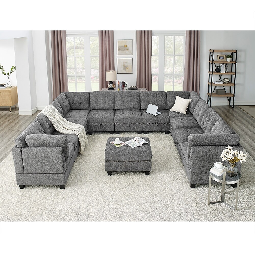 Chenille Upholstered Sectional Sofa Set 4 Corner Chaise Couch Set with Hidden Storage Ottoman for Living Room