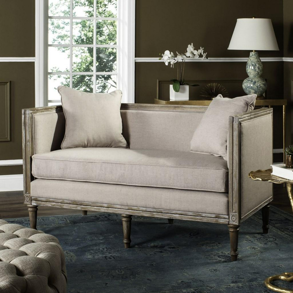 Andrea Linen French Country Settee Taupe/ Rustic Oak   French Country   Loveseats   by Virgil Stanis Design  Houzz