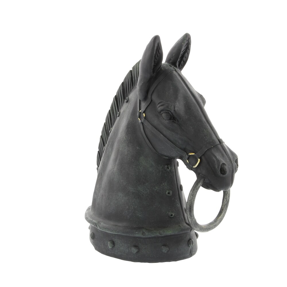 Black Polystone Antique Style Head Horse Sculpture with Hitching Post and Gold Accents   9 x 6 x 12