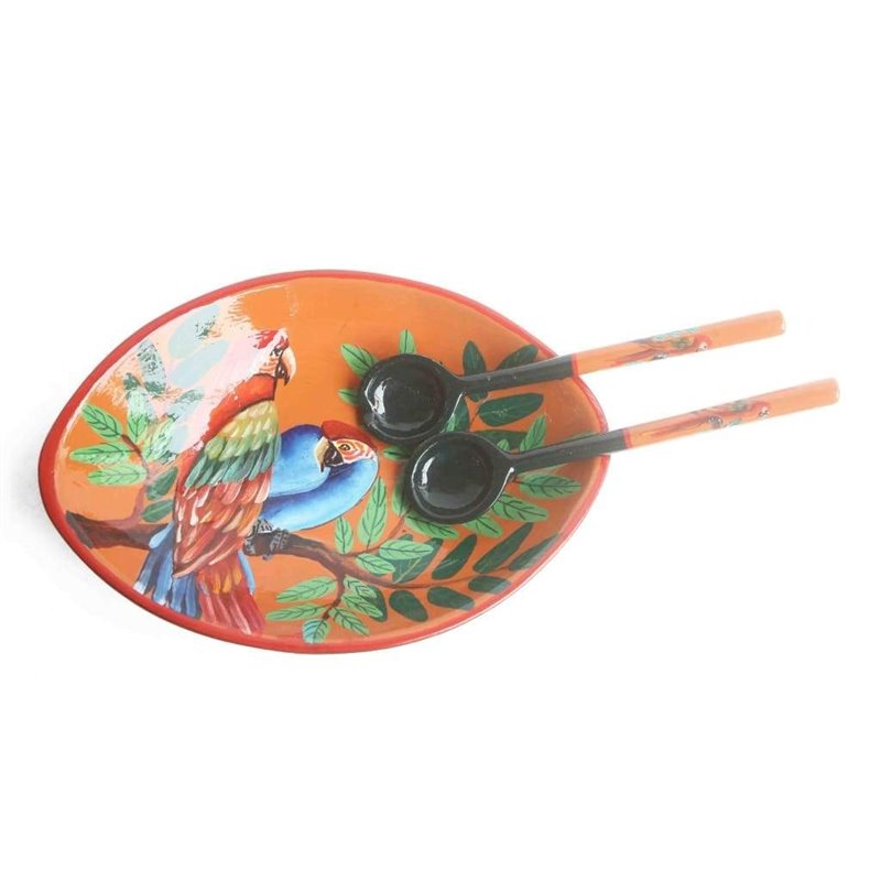 House of Avana Hand-Carved Wood Salad Bowl with Hand-Painted Parakeets in Orange