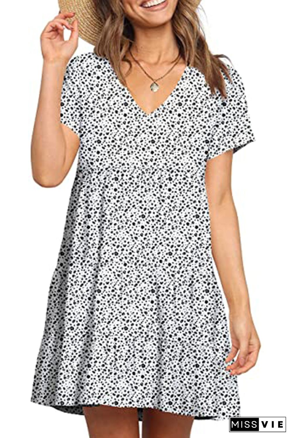 Polka Dot Print V-neck Short Sleeve Mini Dress Wholesale