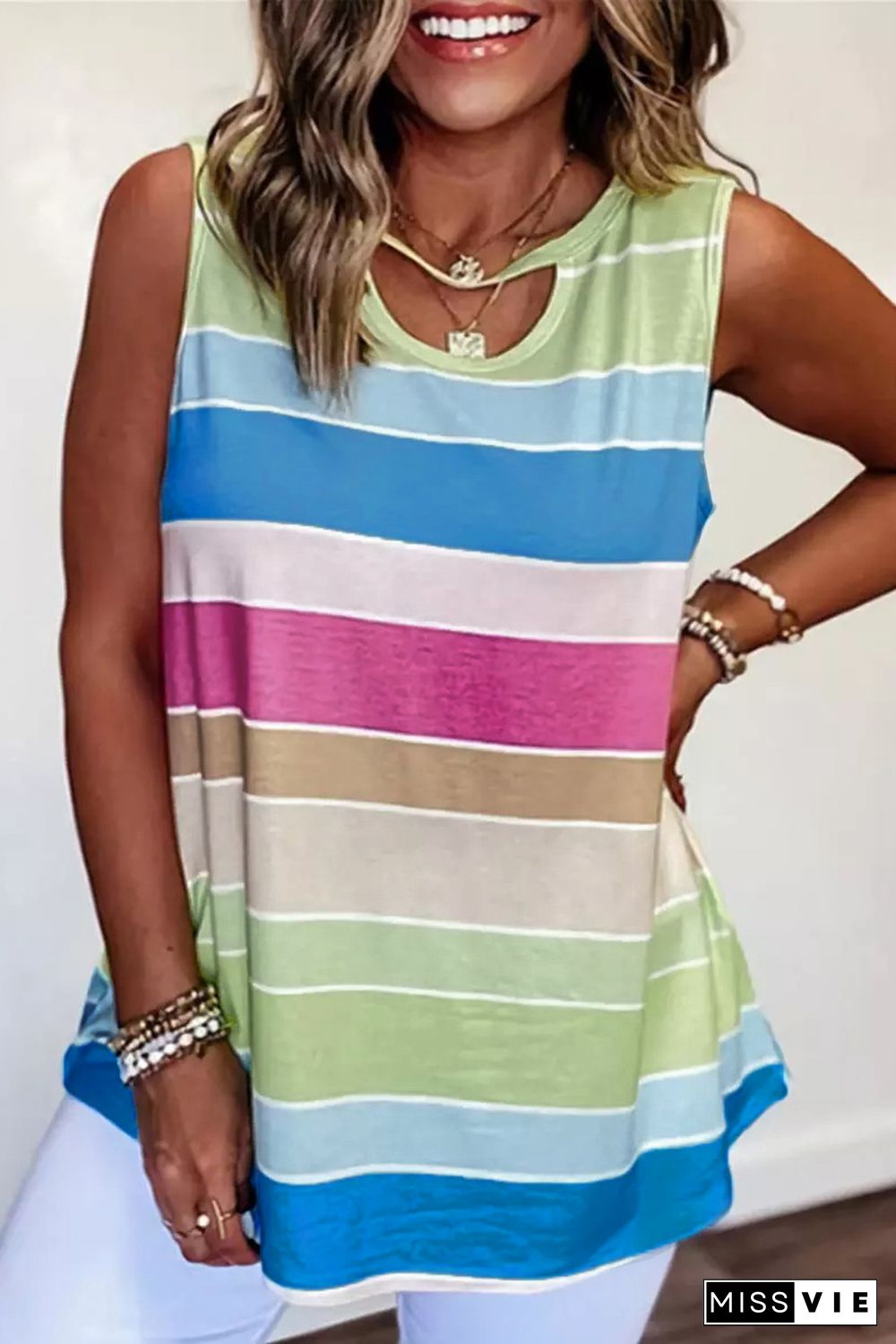 Multicolor Striped Colorblock Cut-out Tank Top