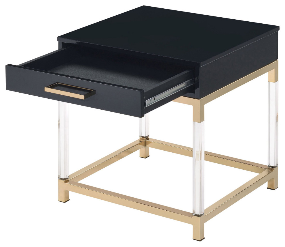 Contemporary End Table  Golden Frame With Acrylic Accents  ampSingle Drawer  Black   Contemporary   Side Tables And End Tables   by Decor Love  Houzz