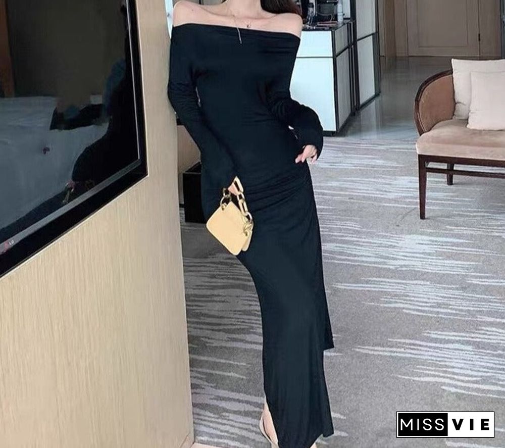 Ladies Dresses New Arrival Party Black Midi Off The Shoulder Long Dresses Women Irregular Dress Long Sleeves