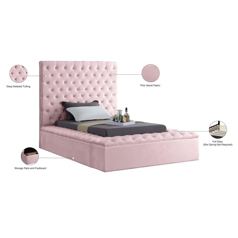 Meridian Furniture Bliss Solid Wood Tufted Velvet Twin Bed in Pink