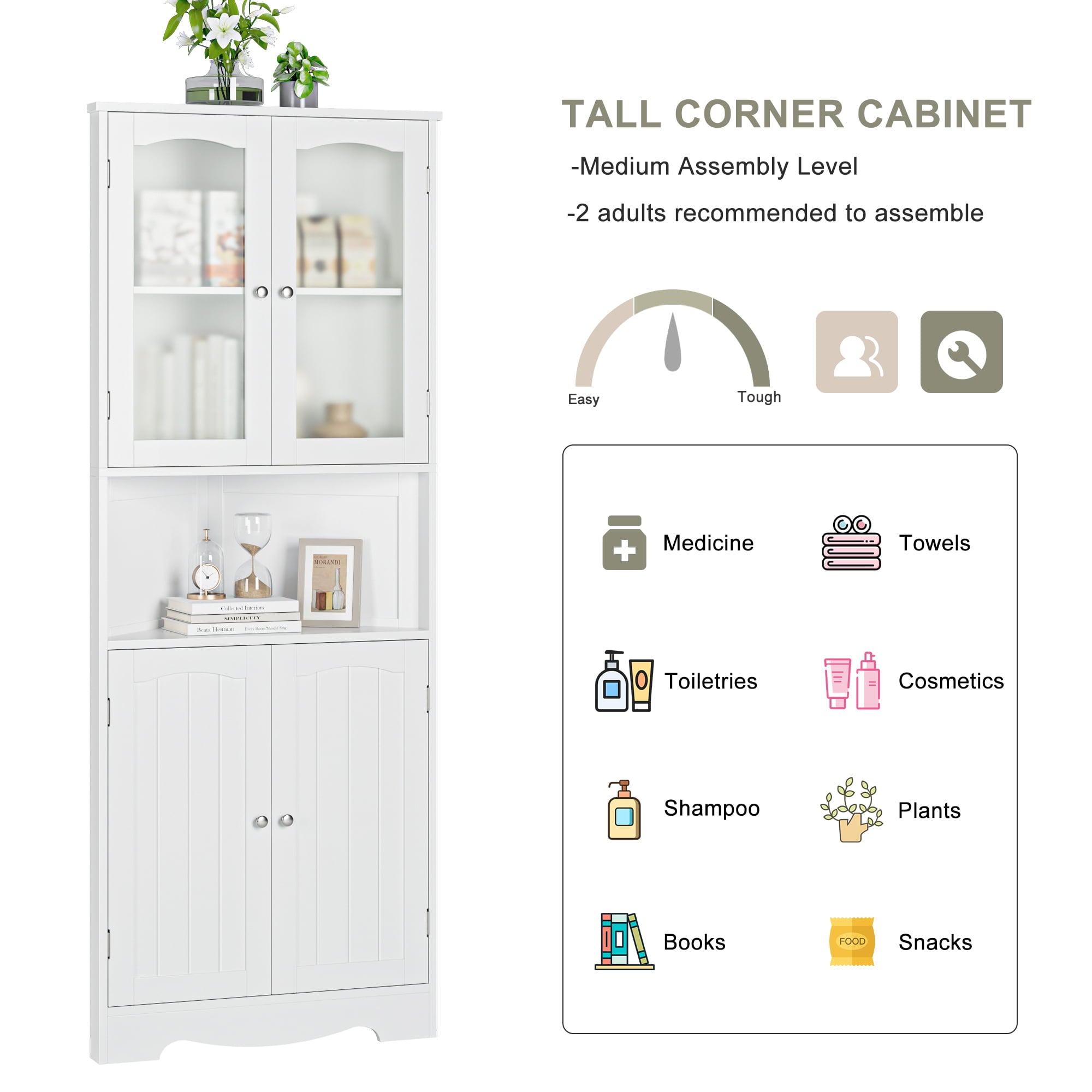 Homfa Corner Storage Cabinet, Wooden 4 Doors Linen Cabinet Cupboard for Bathroom, White