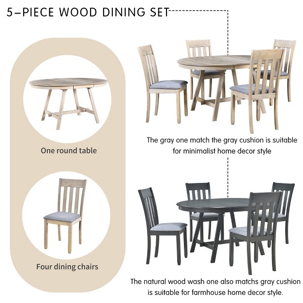 5 Pcs Round Wood Extendable Dining Table Set With 4 Dining Chairs modernluxe